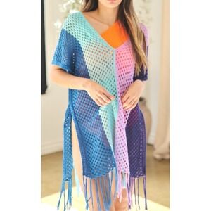 Davi & Dani Crochet Knit‎ Colorblock Fringe Cover Up Blue Purple 3XL PWT30248
